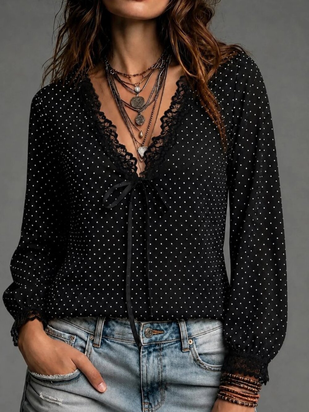 Bohemian Polka Dot Chiffon Blouse – Scalloped Lace V-Neck Cuffed Sleeve